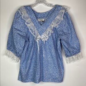 Vintage Pitchfork Brand Western Polka Dot Blue Lace Short Sleeve Shirt Medium